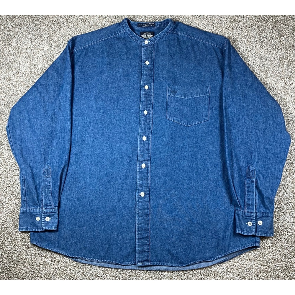 Dockers Mens Vintage Denim Band Collar Shirt Indigo Blue Long Sleeve Large 4005
